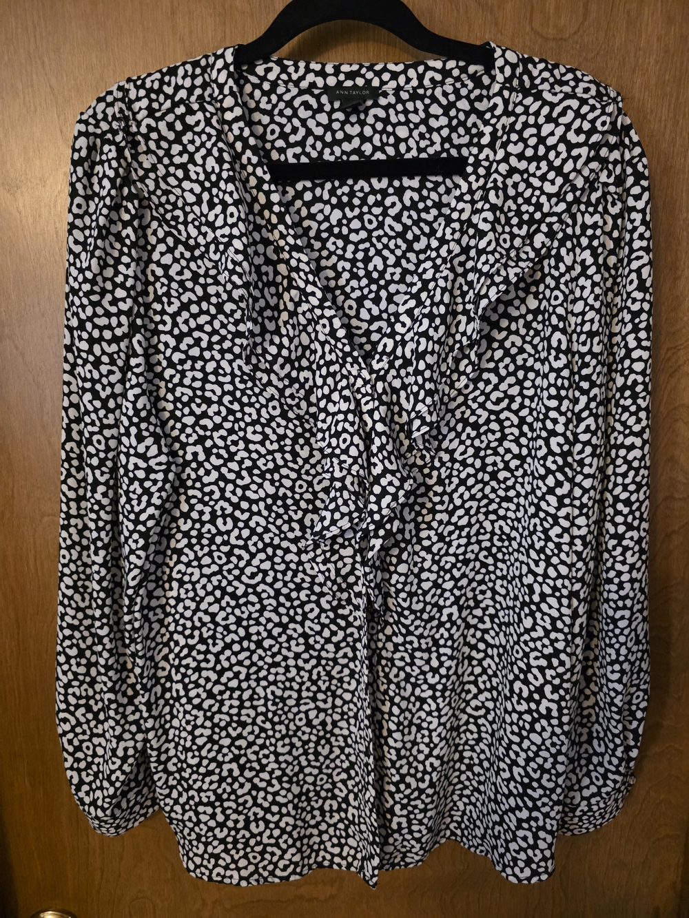 Ann Taylor Ruffled V-Neck Long Sleeve Blouse - Black & White